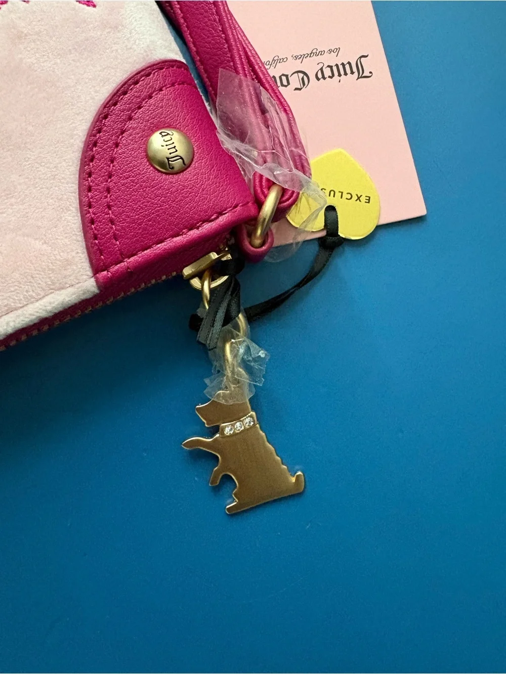 Juicy Couture Velour Embroidered Pink Large Zip Around Wallet Gold Charm